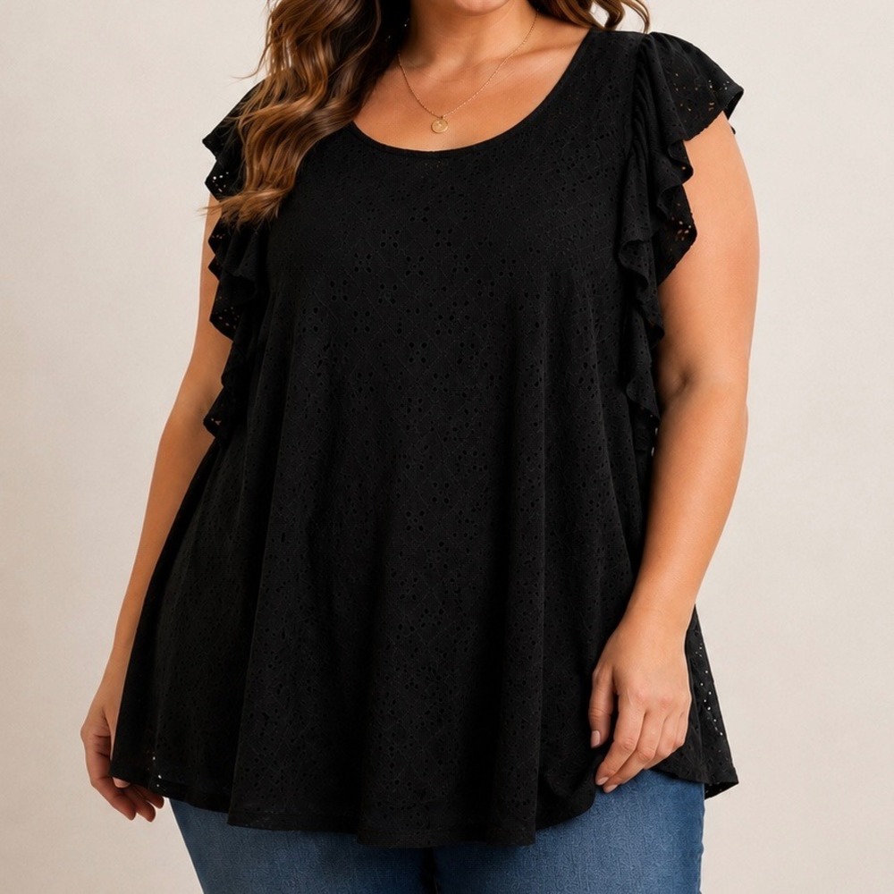 Torrid Size 6 Black Eyelet Flutter Sleeve Babydoll Tunic Top Plus Size